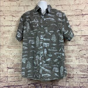 Reel Obsession Gray Fishing Print Button Front Shirt